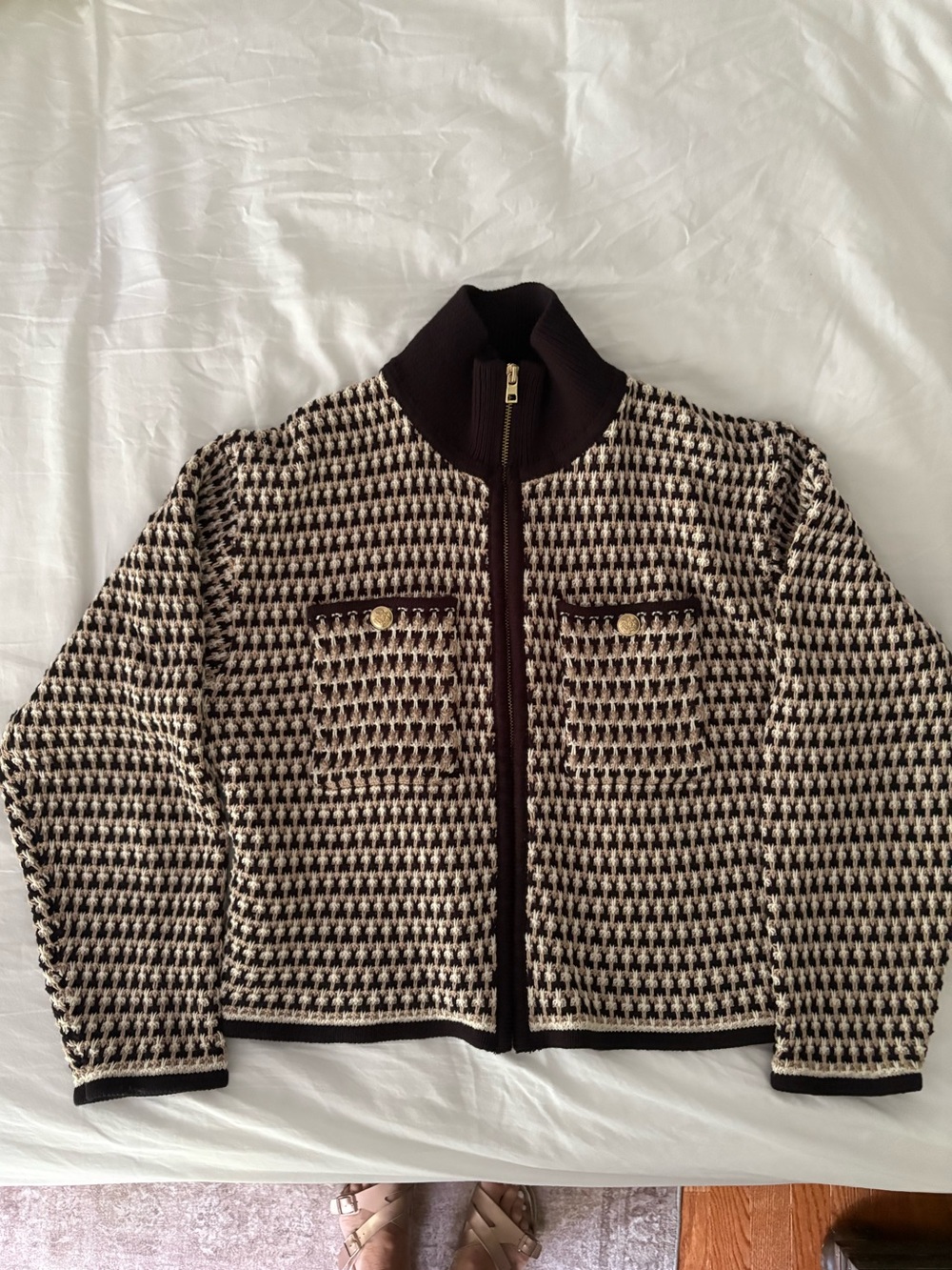 J. Crew Black and Cream Houndstooth Zip-Front Lady Jacket